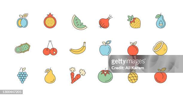 bildbanksillustrationer, clip art samt tecknat material och ikoner med apelsin, ananas, persika, grape, kokos ikoner - plum