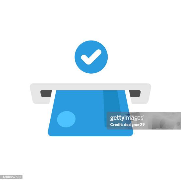 atm icon. credit card and withdraw money check mark vector design on white background. - checkout stock illustrations