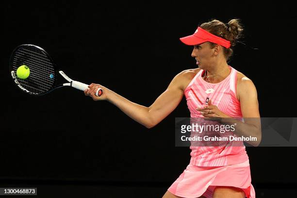 Elise Mertens of Belgium plays a forehand in her match against Elina Svitolina of Ukraine during day six of the WTA 500 Gippsland Trophy at Melbourne...