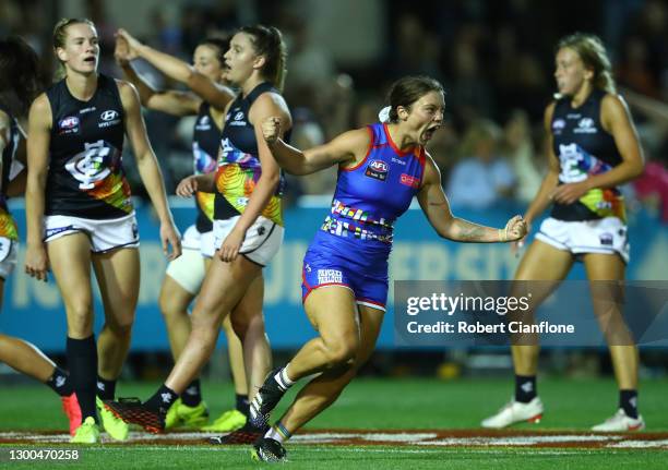 Ellie Blackburn of the Bulldogs celebrates after scoring a goal during the round two AFLW match between the Western Bulldogs and the Carlton Blues at...