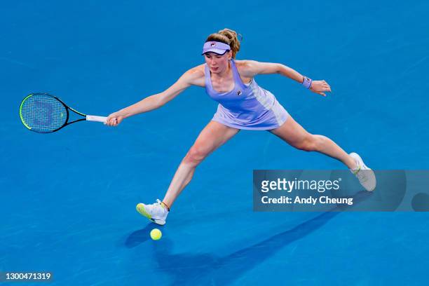 Ekaterina Alexandrova of Russia lunges to play a forehand in her match against Simona Halep of Romania during day six of the WTA 500 Gippsland Trophy...