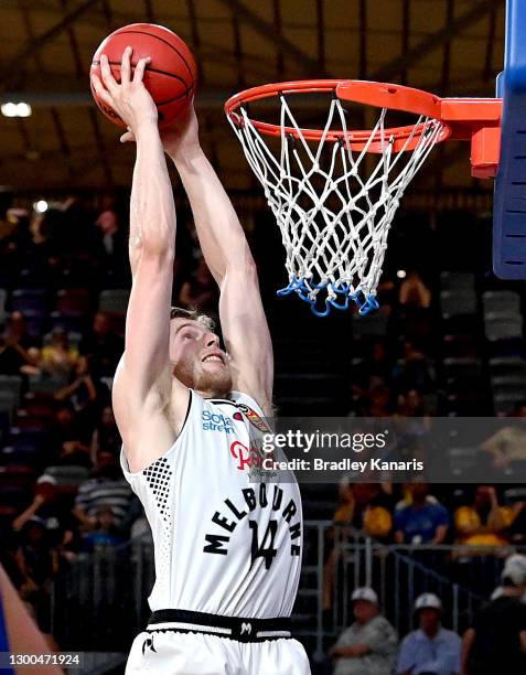 Jack White of Melbourne slam dunks during the round four NBL match between the Brisbane Bullets and Melbourne United at Nissan Arena, on February 05...