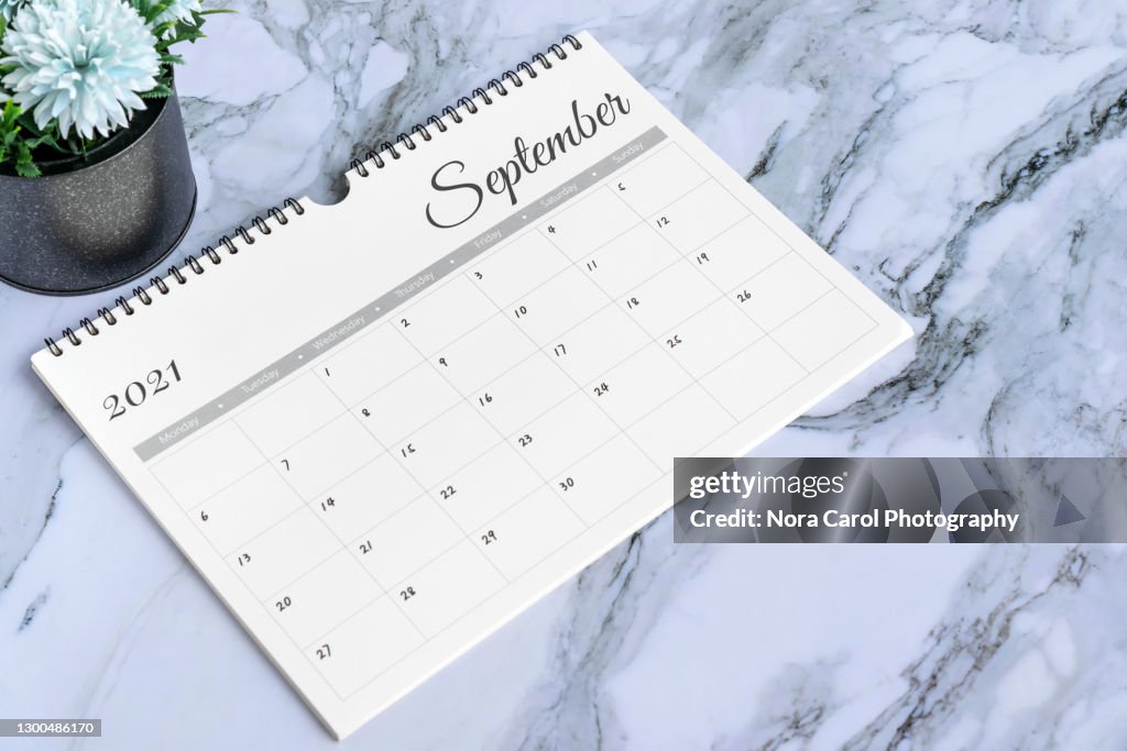 September 2021 Calendar on Top of Marble Desk