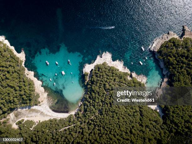 boats moored in bay, aerial view - minorca stock-fotos und bilder