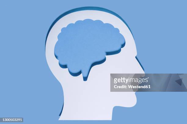 illustrazioni stock, clip art, cartoni animati e icone di tendenza di close-up of white human head and brain made with paper on blue background - cervello