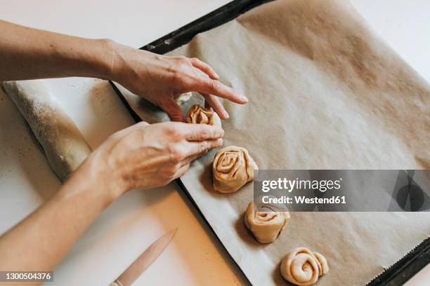 woman arranging cinnamon rolls on baking sheet - wachspapiere stock-fotos und bilder