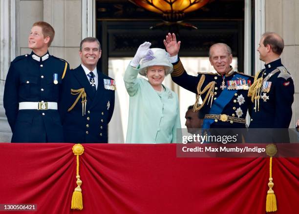 Prince Harry, Prince Andrew, Duke of York, Queen Elizabeth II, Prince Philip, Duke of Edinburgh and Prince Edward, Earl of Wessex watch a fly-past by...