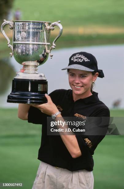 Annika Sorenstam of Sweden holds aloft the USGA trophy after winning the 50th United States Women's Open Championship golf tournament on 16th July...