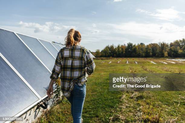 rear view of woman walking next to solar panels on farm - skogshuggarskjorta bildbanksfoton och bilder