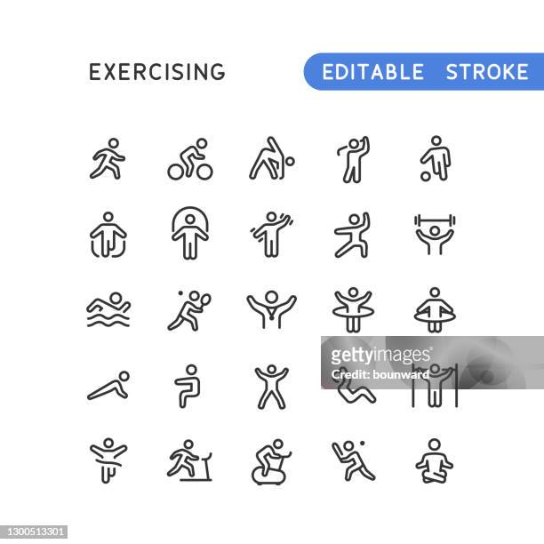 illustrazioni stock, clip art, cartoni animati e icone di tendenza di esercizio delle icone di linea tratto modificabile - esercizio fisico