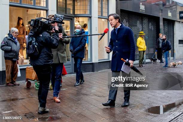 Prime minister Mark Rutte is seen talking to the press ahead of the press conference following the weekly cabinet meeting on February 5, 2021 in The...