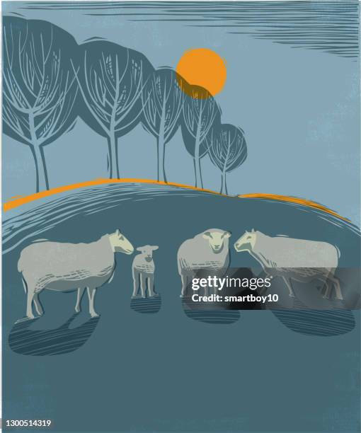 countryside scene with sheep - linocut stock illustrations