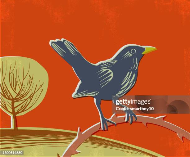 countryside scene with blackbird - linocut stock illustrations