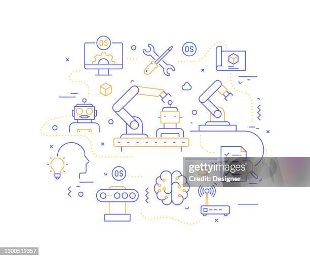 robotics engineering related modern line style vector illustration - factory worker tablet stock illustrations