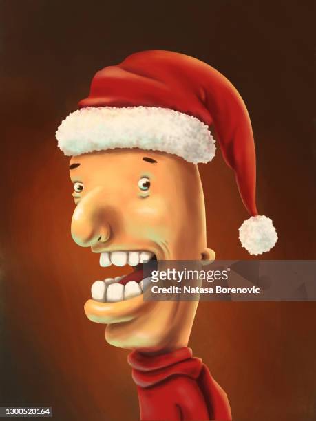 digital painting children illustration of a funny big teeth smiling beardless skinny santa claus face character - caricature 個照片及圖片檔