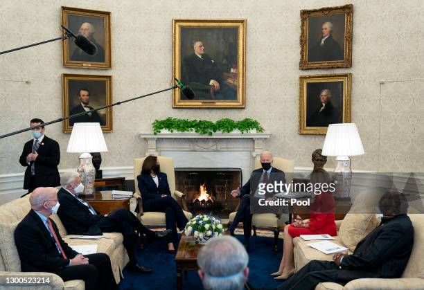 President Joe Biden and Vice President Kamala Harris meet with House Democratic leaders, including Rep. Peter DeFazio , Majority Leader Steny Hoyer ,...