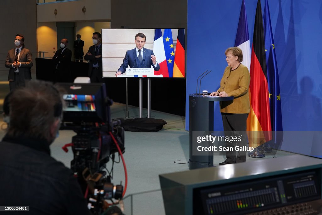 Merkel Meets With Macron Via Video From The Chancellery