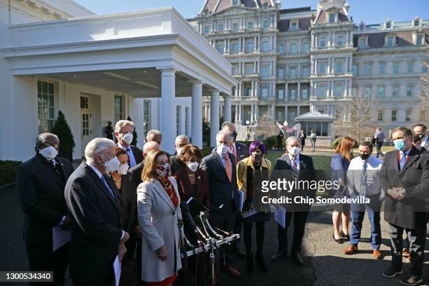 House Democratic leaders, including Speaker of the House Nancy Pelosi , and committee chairs talk to reporters outside the West Wing after meeting...