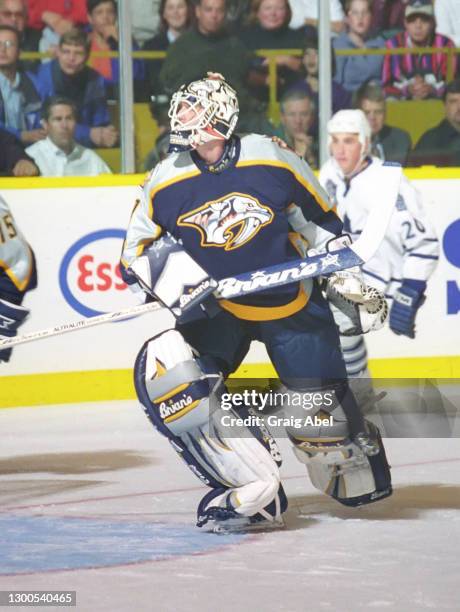 Mike Dunham of the Nashville Predators skates against the Toronto Maple Leafs during NHL game action on October 19, 1998 at Maple Leaf Gardens in...