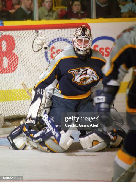 Mike Dunham of the Nashville Predators skates against the Toronto Maple Leafs during NHL game action on October 19, 1998 at Maple Leaf Gardens in...