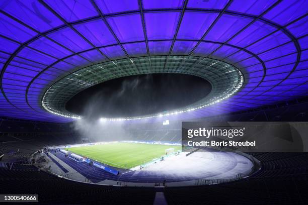 General view of the Olympiastadion prior to the Bundesliga match between Hertha BSC and FC Bayern Muenchen at Olympiastadion on February 05, 2021 in...