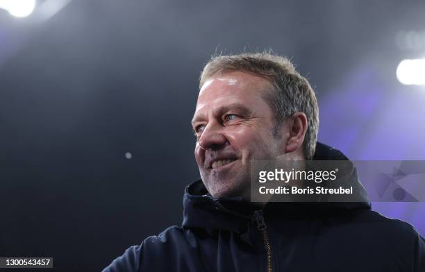 Head coach Hansi Flick of Muenchen is seen prior to the Bundesliga match between Hertha BSC and FC Bayern Muenchen at Olympiastadion on February 05,...