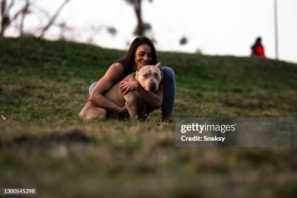 gym girl is hugging and kissing her stafford. sunny day at park. - stafford terrier stock pictures, royalty-free photos & images