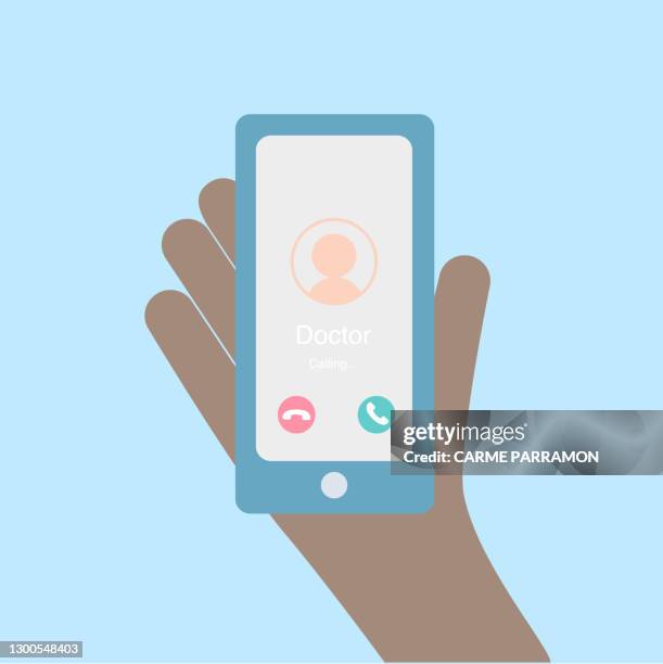 a hand with a mobile phone calling the doctor - cell therapy stock illustrations