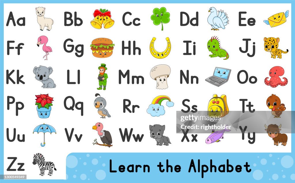 Abc Eng English Alphabet With Cartoon Characters Vector Set Bright Color Style ...