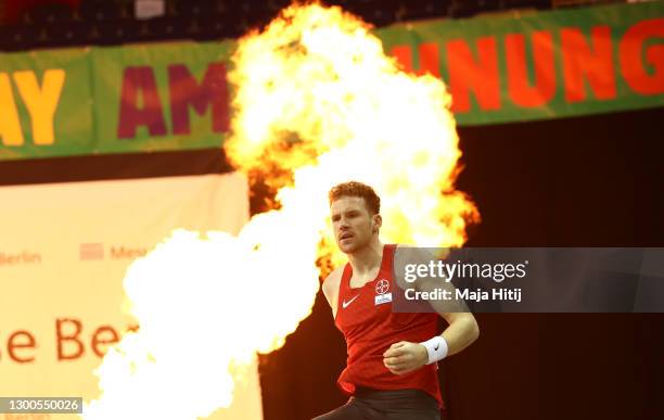 Torben Blech of Germany celebrates in the Pole Vault during the ISTAD Indoor Berlin Meeting at Mercedes Benz Arena on February 05, 2021 in Berlin,...