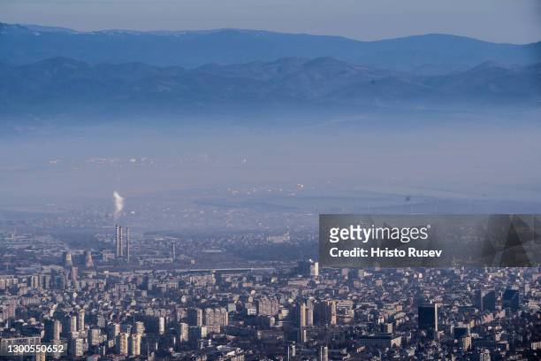 An aerial view of the Bulgarian capital of Sofia covered by smog on February 5, 2021 in Sofia, Bulgaria. The Bulgarian authorities regulation of air,...