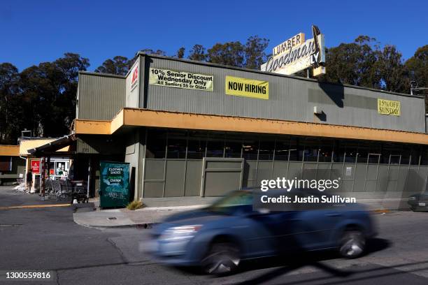 Now hiring sign is displayed on the front of Goodman Lumber on February 05, 2021 in Mill Valley, California. The U.S. Added 49,000 jobs in January,...