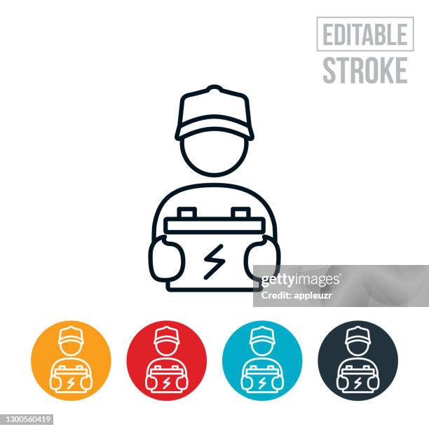 mechanic with car battery thin line icon - editable stroke - car battery stock illustrations