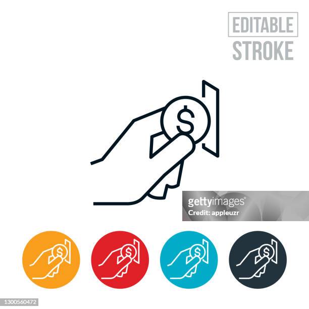 ilustrações de stock, clip art, desenhos animados e ícones de hand putting money in coin slot thin line icon - editable stroke - inserir