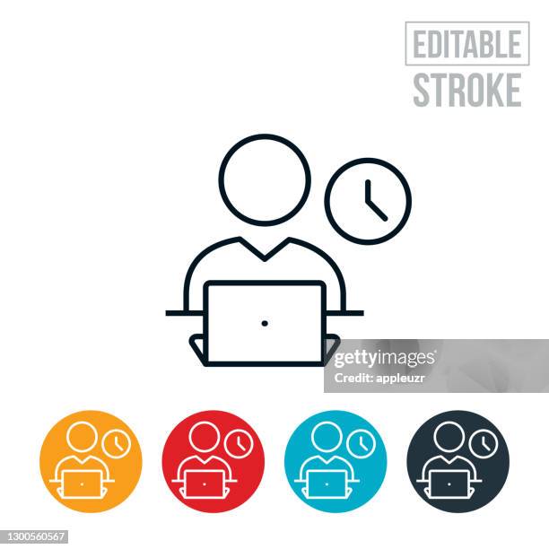 business person working late on computer thin line icon - editable stroke - night-shift-icon stock illustrations