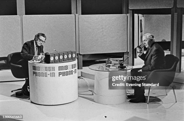 British Labour leader Harold Wilson appears on the BBC current affairs show 'Midweek' for an interview with Scottish broadcaster Ludovic Kennedy ,...