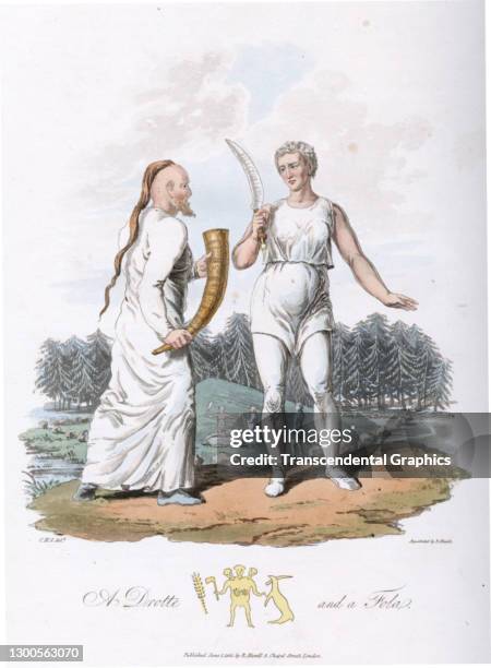 Hand-colored, aquatint plate features an illustration that depicts a Scandinavian priest and priestess , early 19th century. It originally appeared...