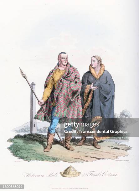 Hand-colored, aquatint plate features an illustration that depicts a man and woman in Hibernian-style clothing, early 19th century. It originally...