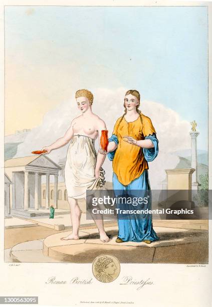 Hand-colored, aquatint plate features an illustration that depicts two 'Roman British Priestesses,' early 19th century. It originally appeared in the...