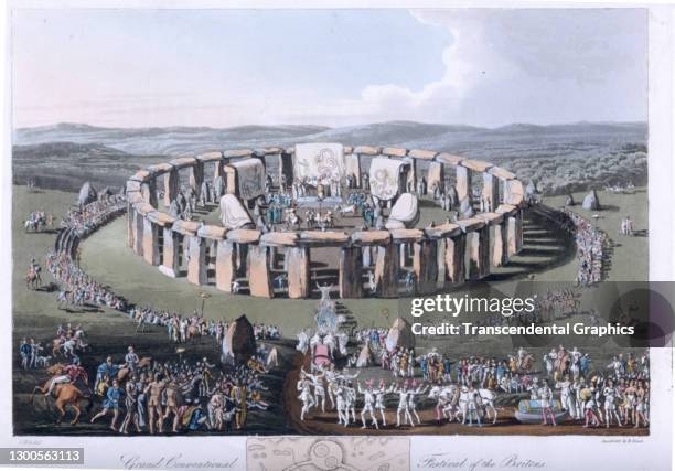 Hand-colored, aquatint plate features an illustration that depicts Stonehenge, with the title 'Grand Conventional Festival of the Britons,' early...