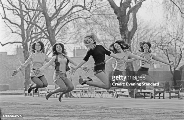 British all-female dance troupe Pan's People, UK, 23rd March 1973. From left to right, they are dancers Louise Clarke, Ruth Pearson, Babs Lord,...