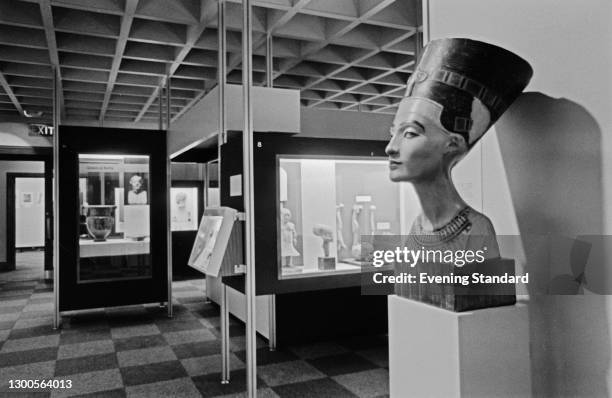 20th century plaster bust of Egyptian queen Nefertiti in the main gallery of the Wellcome Collection in London, UK, 24th March 1973. It is a copy of...