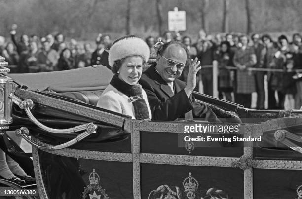 Luis Echeverria, the President of Mexico, in a carriage with Queen Elizabeth II during a state visit to London, UK, 3rd April 1973.