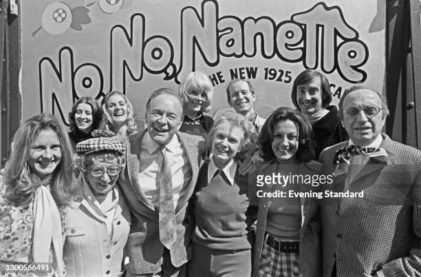 The cast of the musical 'No, No, Nanette' at the Theatre Royal Drury Lane in London, UK, 12th April 1973. From left to right , actors Susan Maudslay,...