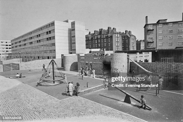The playground on Lisson Green Estate, an area of social housing in Lisson Grove, London, UK, 27th April 1973.