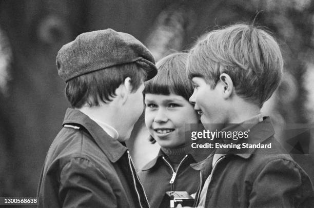 From left to right, Viscount Linley, Lady Sarah Armstrong-Jones and Prince Edward at the Badminton Horse Trials, UK, April 1973.