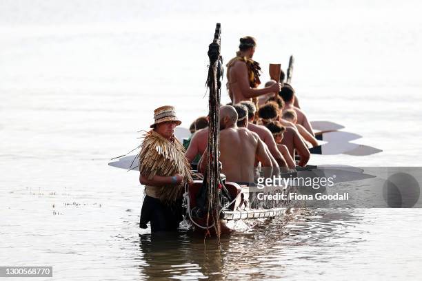 The Waka leave the Waitangi treaty grounds and head to beato opposite side where a haka is performed on February 06, 2021 in Waitangi, New Zealand....