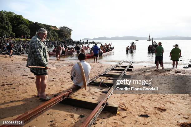 The Waka leave the Waitangi treaty grounds and head to beato opposite side where a haka is performed on February 06, 2021 in Waitangi, New Zealand....