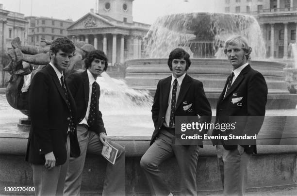 New Zealand cricketers in Trafalgar Square, London, UK, during the 1973 New Zealand tour of England, 17th April 1973. From left to right, they are...