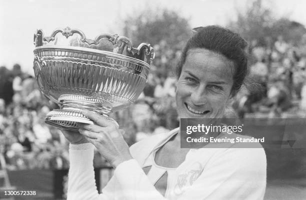 British tennis player Virginia Wade wins the Women's Singles of the 1973 British Hard Court Championships at Bournemouth, UK, 12th May 1973.